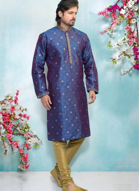 Blue Colour Party And Function Wear Traditional Pure Jaquard Silk Brocade Kurta Pajama Redymade Collection 1032-8376